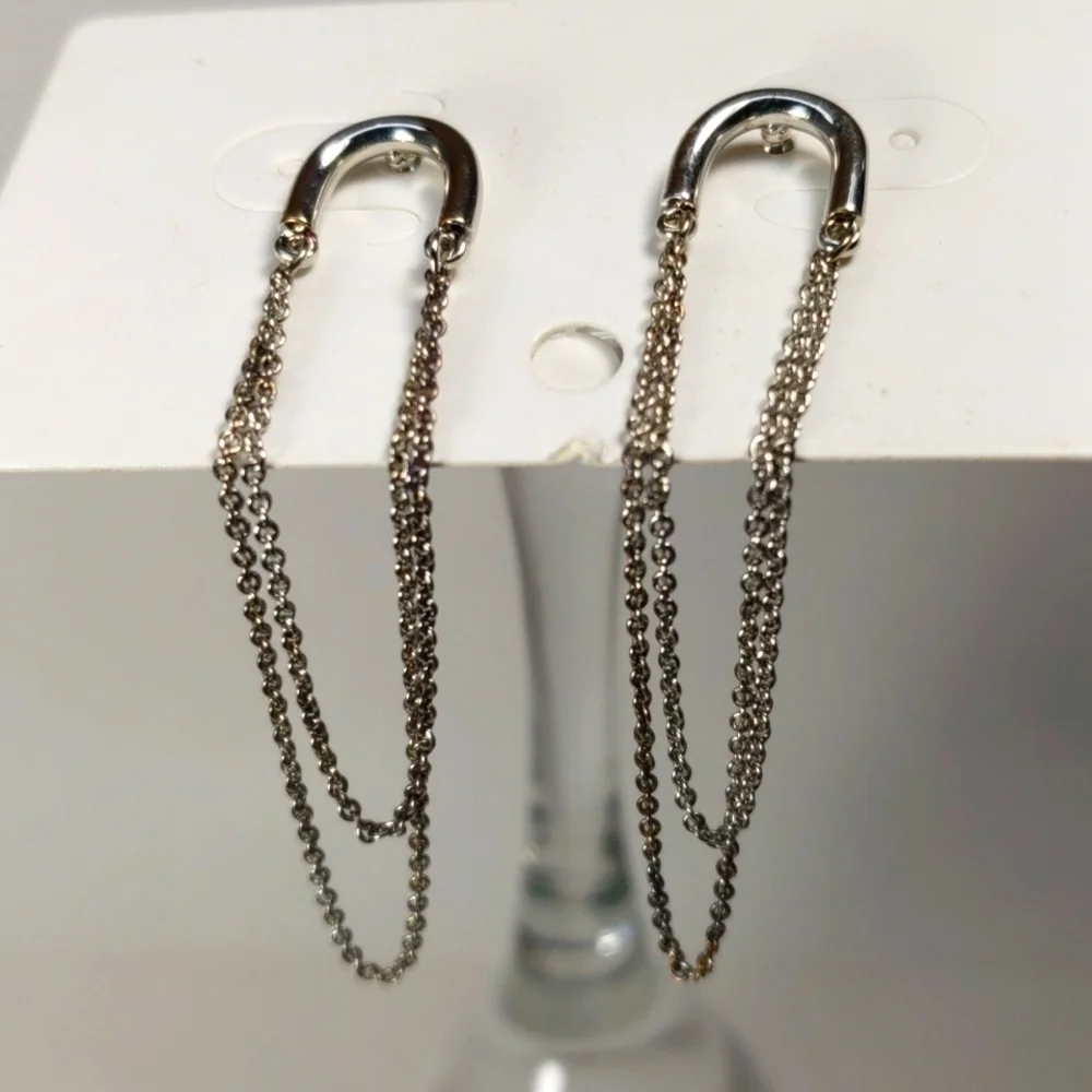 Polished  2-in Silver post  Drop Dangle chain Earrings - Women Fashion Jewelry